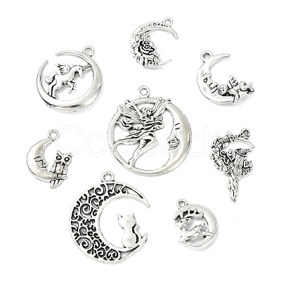 80Pcs 8 Styles Moon Theme Tibetan Style Alloy Pendants FIND-CJ0005-60-1
