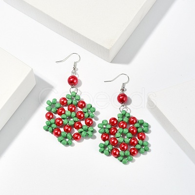 Flower Glass Pearl Beads Dangle Earrings for Christmas EJEW-JE01615-01-1