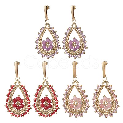 3 Pairs 3 Colors Teardeop Glass Beaded & Dyed Natural Malaysia Jade Dangle Stud Earrings EJEW-MZ00707-1