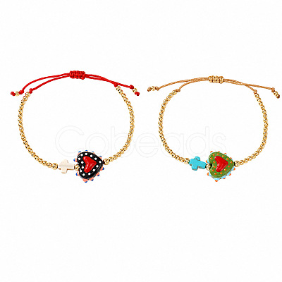 2Pcs 2 Colors Dyed Synthetic Turquoise Cross and Glass Heart Braided Bead Bracelets for Women PE0777-11-1