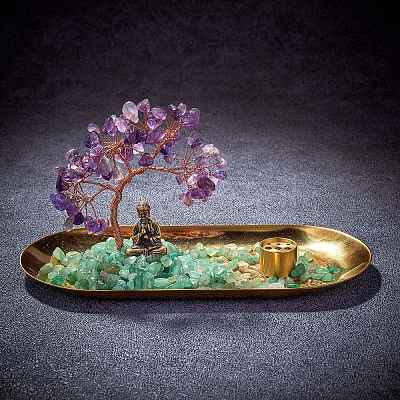 Natural Amethyst with Green Aventurine Chips with Brass Incense Burner Holder DJEW-G027-19RG-01-1