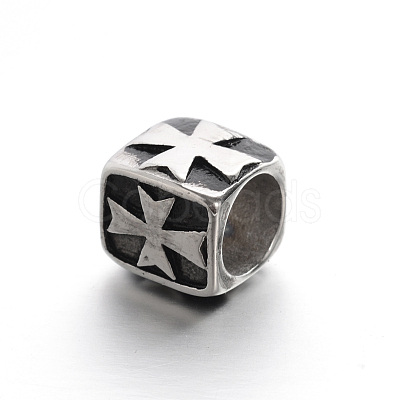 Retro Smooth 304 Stainless Steel Large Hole Cube Beads with Cross STAS-I031-28-1