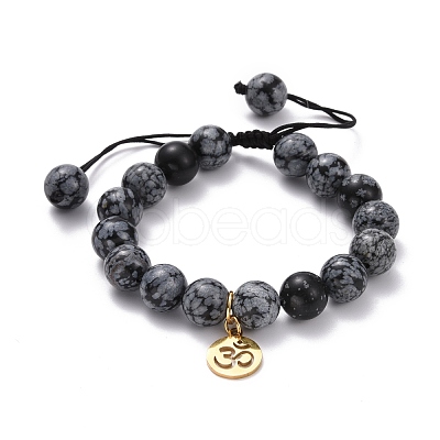 Round Natural Snowflake Obsidian Braided Beded Bracelets Set BJEW-JB07096-1