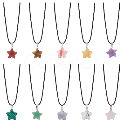 10Pcs 10 Style Natural Mixed Gemstone Star Pendant Necklaces Set with Wax Cords NJEW-AN0001-56-1