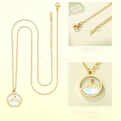 Flat Round 201 Stainless Steel Pave Natural Shell Mustard Seed Pendant Necklaces for Women WG511AE-05-1