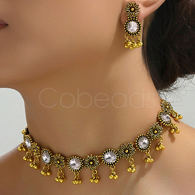 Flat Round & Flower Alloy Rhinestone Pendant Necklace & Stud Dangle Earring Sets FS-WG9BC55-02-1