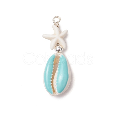2Pcs 2 Colors Cowrie Shell Enamel & Synthetic Turquoise Starfish Pendants PALLOY-JF03406-1