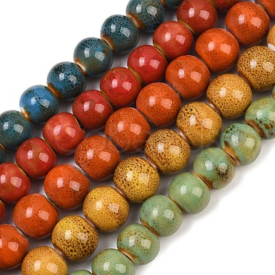 Handmade Fancy Antique Glazed Porcelain Ceramic Round Beads Strands PORC-L019-13mm-M-1