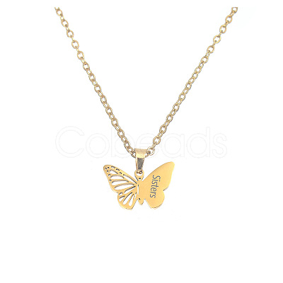 304 Stainless Steel Filigree Butterfly Engraved Sisters BFF Pendant Necklaces for Women FS-WG8B29F-02-1