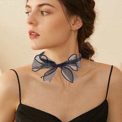 2Pcs 2 Colors Gauze Bowknot Fabric Choker Necklaces for Women AJEW-CP0011-95-1