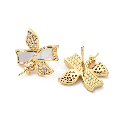 Brass Micro Pave Cubic Zirconia Shell Stud Earrings Findings KK-D363-04G-1