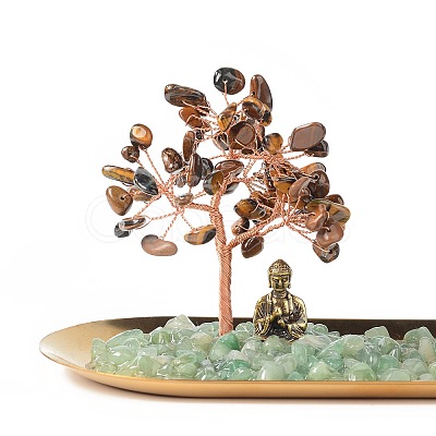Natural Tiger Eye Money Tree Buddha Sculpture Set Incense Burner & Natural Green Aventurine on Trays for Wealth DJEW-G027-19RG-05-1