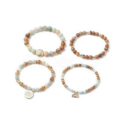 Natural Flower Amazonite & Picture Jasper Beaded Stretch Bracelets Sets with Non-Magnetic Synthetic Hematite BJEW-JB09280-1