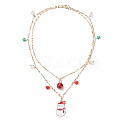 Christmat Bell & Snowman Alloy Red Enamel Pendant Necklaces NJEW-JN05115-1