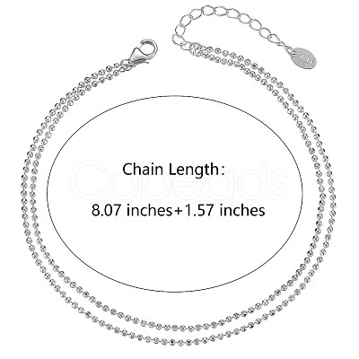 Anti-Tarnish Rhodium Plated 925 Sterling Silver Multi-strand Ball Chain Anklet with Tiny Oval Charm JA190A-1