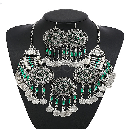 Flat Round Alloy Rhinestone Pendant Necklaces & Dangle Earrings Sets for Women FS-WG4A221-04-1