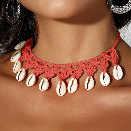 Bohemian Handmade Woven Polyester Cord Natural Cowrie Shell Tassel Choker Necklaces for Women FS-WGB5F2D-10-1
