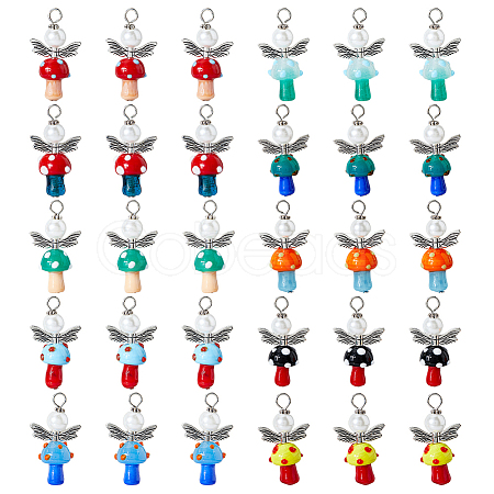 30Pcs 10 Colors Handmade Lampwork Beads with Glass Pearl Round Bead Pendants PALLOY-FH00165-1