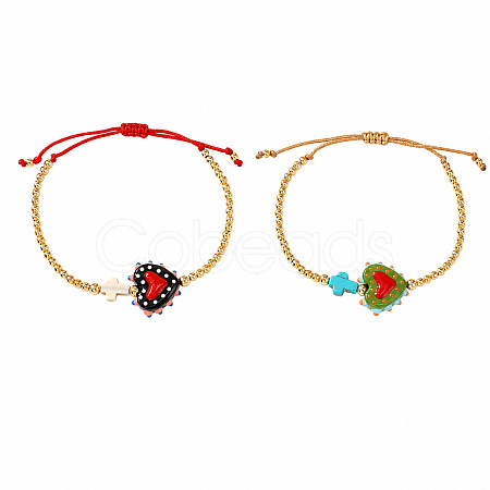 2Pcs 2 Colors Dyed Synthetic Turquoise Cross and Glass Heart Braided Bead Bracelets for Women PE0777-11-1