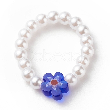Plastic Imitation Pearl & Millefiori Glass Beaded Finger Ring for Women RJEW-JR00484-1