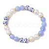 Natural Blue Lace Agate & Cultured Freshwater Pearl & Handmade Porcelain Ceramic Beads Stretch Bracelets for Women BJEW-JB13085-2