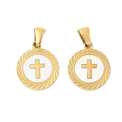 304 Stainless Steel Pave Natural White Shell Flat Round Pendant Necklaces STAS-R168-23G-01-1
