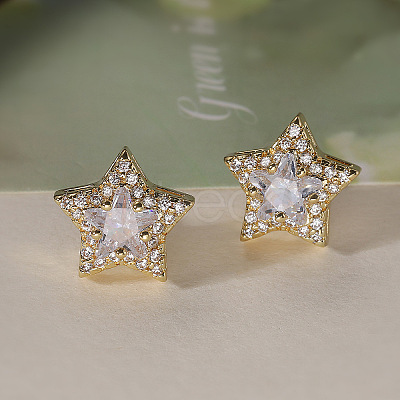 Brass Micro Pave Clear Cubic Zirconia Stud Earrings EJEW-Z128-01G-01-1