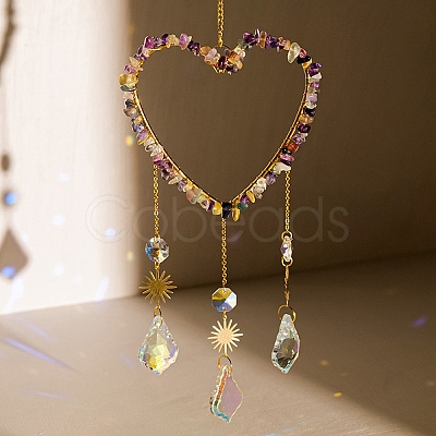 Heart Natural Fluorite Chips Hanging Ornaments HJEW-G024-01G-1