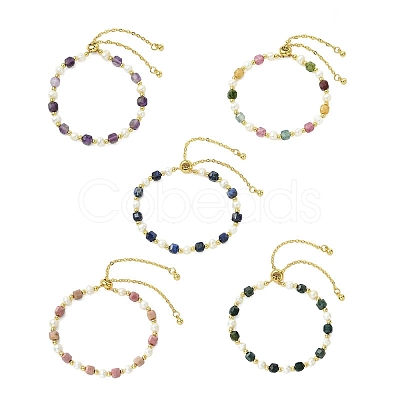 Adjustable Natural Gemstone & Cultured Freshwater Pearl Beads Slider Bracelets for Women BJEW-JB13609-1