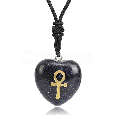 Synthetic Blue Goldstone Heart Engraved AnKh Cross Pendant Personalized DIY Necklaces SC1205-4-1