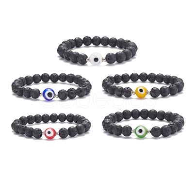 Natural Lava Rock Round Beaded Stretch Bracelet with Evil Eye Lampwork BJEW-JB07838-1