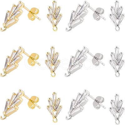 6 Pairs 2 Colors Brass Micro Pave Cubic Zirconia Stud Earring Findings with Loops KK-NB0002-51-1