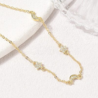 Brass Micro Pave Clear Cubic Zirconia Moon Star Link Chain Bracelets KK-CBA6980-28G-1