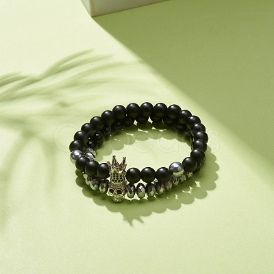 2Pcs 2 Style Synthetic Hematite & Black Stone & Natural Obsidian Stretch Bracelets Set with Cubic Zirconia Skull BJEW-JB08120-02-1