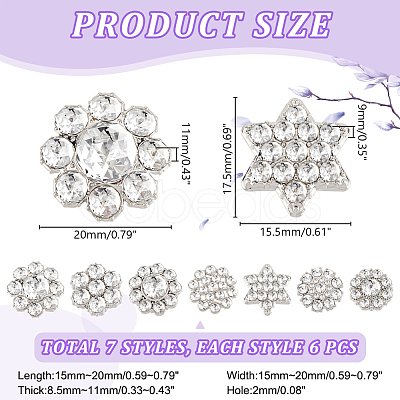 AHADERMAKER 42Pcs 7 Styles 1-Hole Alloy Rhinestone Shank Button ALRI-GA0001-10-1