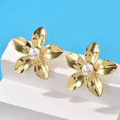 Brass ABS Plastic Imitation Pearl Flower Stud Earrings EJEW-S258-02G-1