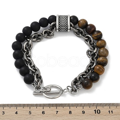 Natural Round Tiger Eye & Frosted Black Bead Bracelets BJEW-M081-01B-1