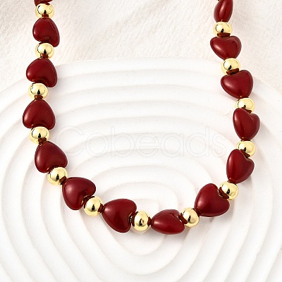 Brass & ABS Imitation Pearl Heart and Round Beaded Necklaces for Women NJEW-D314-11C-G-1