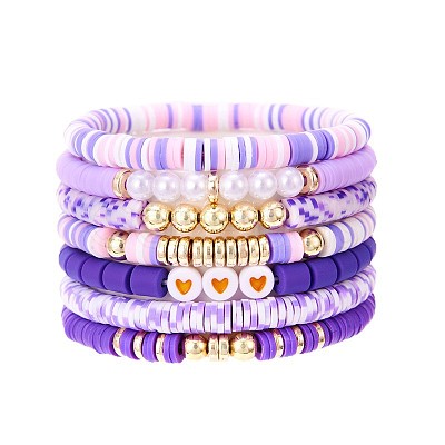 7Pcs Heart Pattern Polymer Clay & Plastic Pearl & CCB Plastic Beaded Stretch Bracelet Set for Women FS-WG634BB-01-1