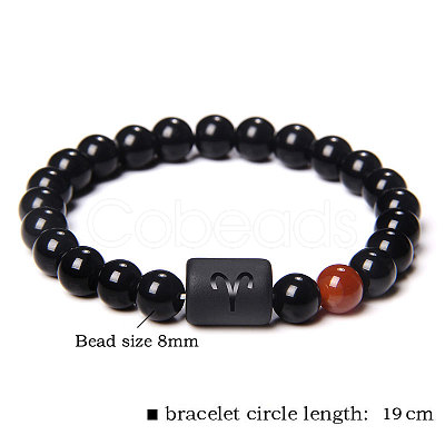 12 Constellations Protetion Natural Carnelian & Black Obsidian Round Beads Stretch Bracelets for Men Women WG083ED-09-1