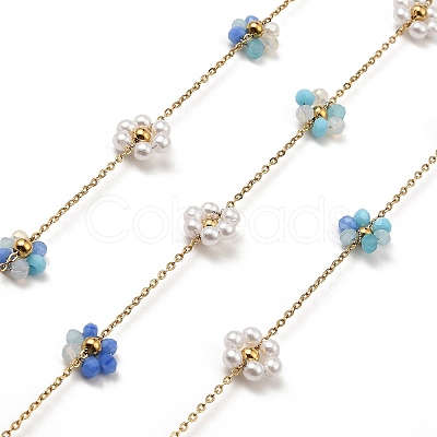 Glass & ABS Plastic Pearl Beaded Flower Link Chains CHS-G028-08G-03-1