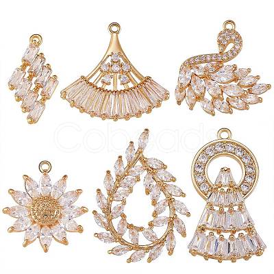 6Pcs 6 Style Brass Micro Pave Clear Cubic Zirconia Pendants KK-SZ0005-43-1