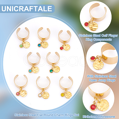 8Pcs 8 Color Birthstone Rhinestone & 201 Stainless Steel Flat Round Charm Rings Set RJEW-AB00003-1