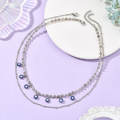 Alloy Enamel Blye Evil Eye Pendant Faceted Round Natural Labradorite Beaded 304 Stainless Steel Satellite Chain Double Layer Necklaces NJEW-JN06542-1