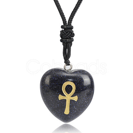 Synthetic Blue Goldstone Heart Engraved AnKh Cross Pendant Personalized DIY Necklaces SC1205-4-1
