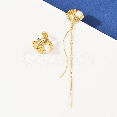 304 Stainless Steel Rhinestone Shell Shape Stud Earrings EJEW-A138-01G-1