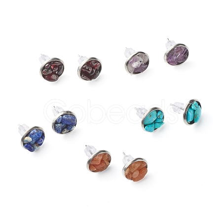 Flat Round with Mixed Gemstone Chip Beads Stud Earrings for Girl Women EJEW-JE04669-1