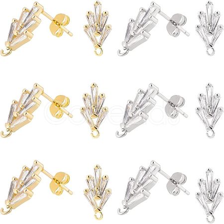 6 Pairs 2 Colors Brass Micro Pave Cubic Zirconia Stud Earring Findings with Loops KK-NB0002-51-1