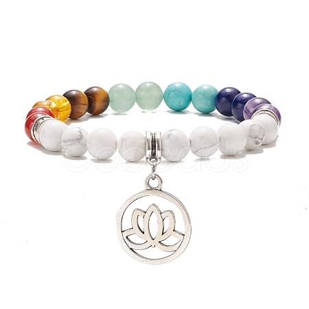 Natural Howlite & Mixed Gemstone Stretch Bracelet with Alloy Lotus Charms BJEW-TA00134-04-1