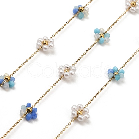 Glass & ABS Plastic Pearl Beaded Flower Link Chains CHS-G028-08G-03-1